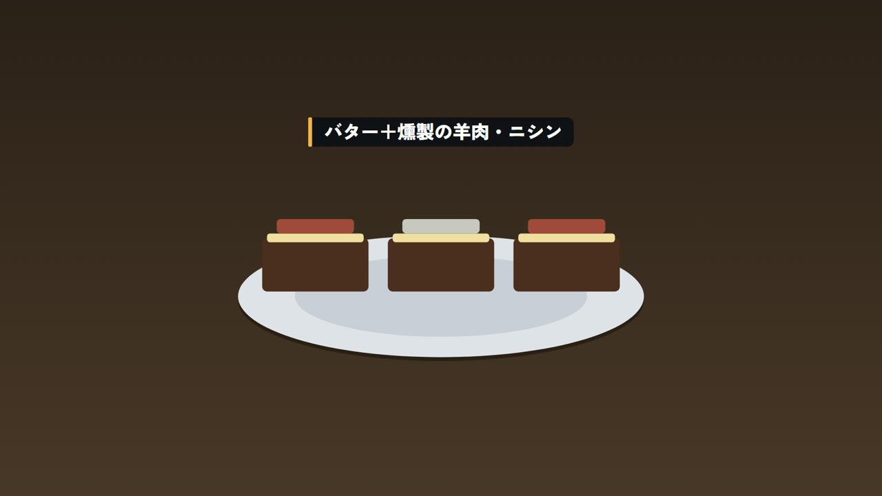 バター、燻製の羊肉、ニシンをのせて